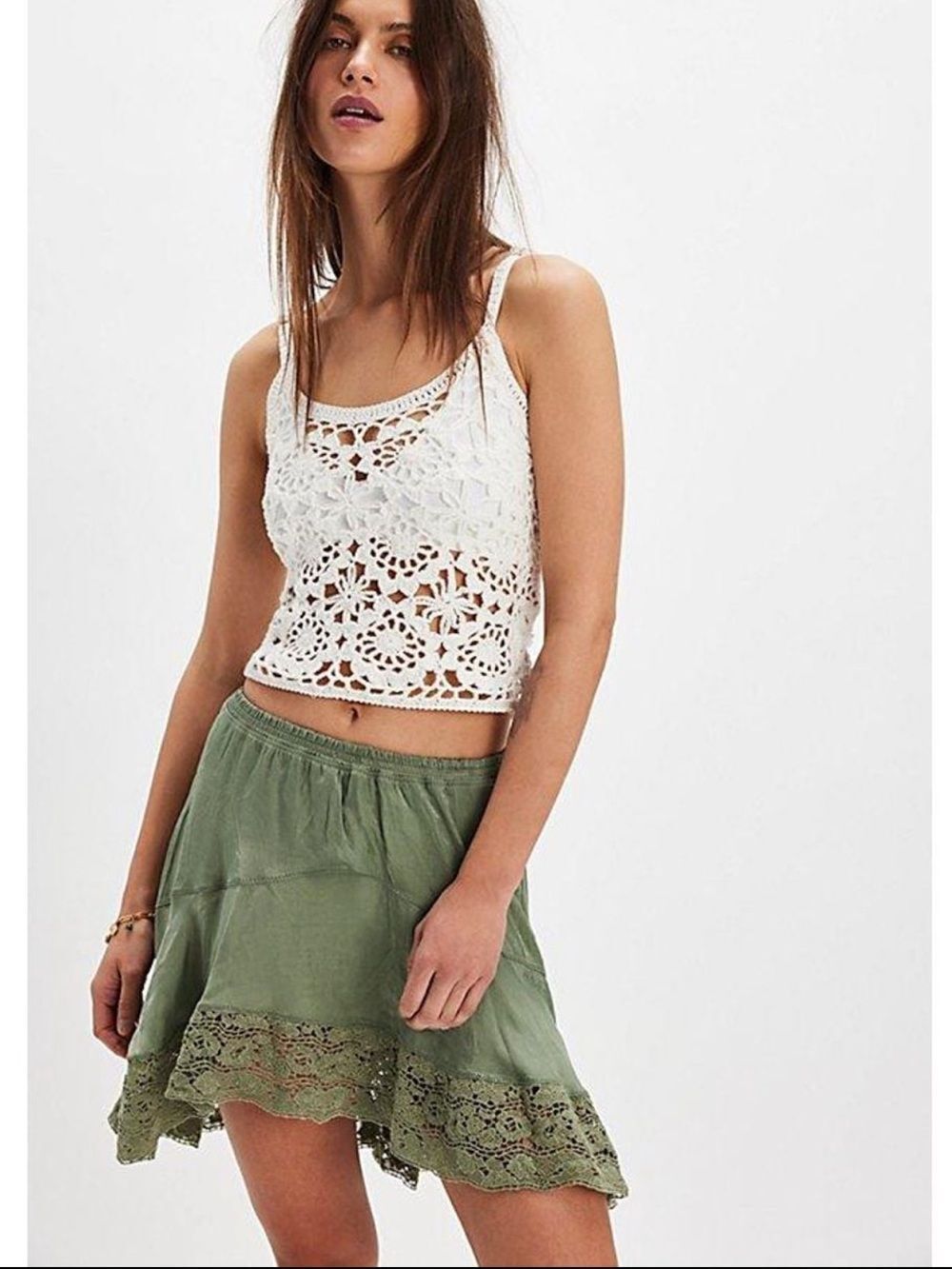 NWOT Free People Olive Color Crochet-Hem Flared Skirt